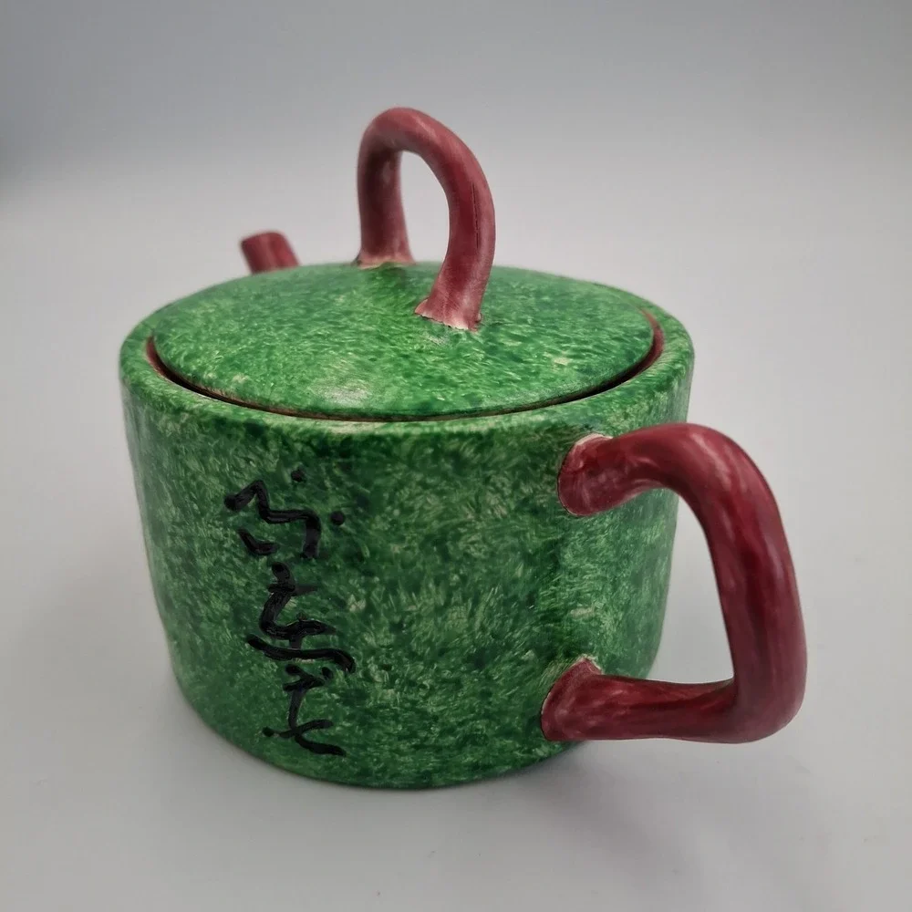 Vintage MMA Metropolitan Museum of Art Green Ceramic Teapot Miniature Calligraph